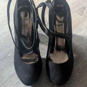 Dominique Black Suede Ankle-Tie Pumps